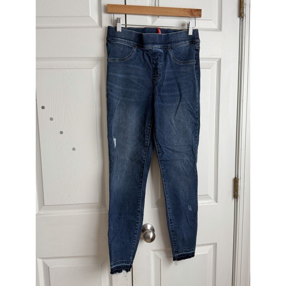 SPANX Skinny Jeans Women's Medium Dark Blue Stretch Denim Distressed Pull On